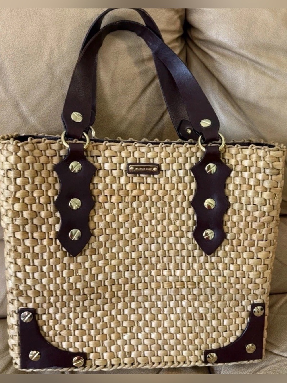 MICHAEL Kors Santorini Raffia Straw Tote Handbag Brown Leather Accents
